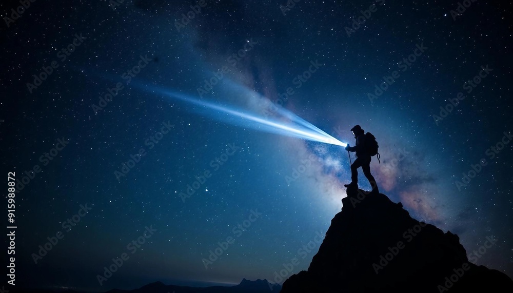 Fototapeta premium A solitary climber at a mountain summit holds a flashlight that pierces the darkness, illuminating the Milky Way and creating a striking silhouette against the cosmic backdrop.