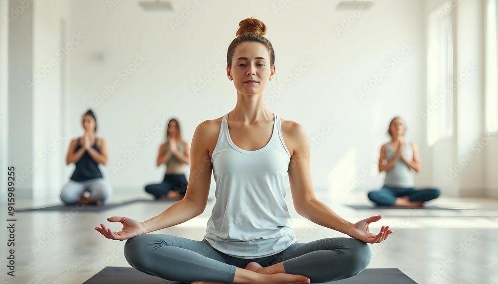A calm yoga instructor meditates in front of a spacious, well-lit studio with a pristine white backdrop. The soft, bright tones create a peaceful ambiance, while blurred students behind her highlight A calm yoga instructor meditates in front of a spacious, well-lit studio with a pristine white backdrop. The soft, bright tones create a peaceful ambiance, while blurred students behind her highlight