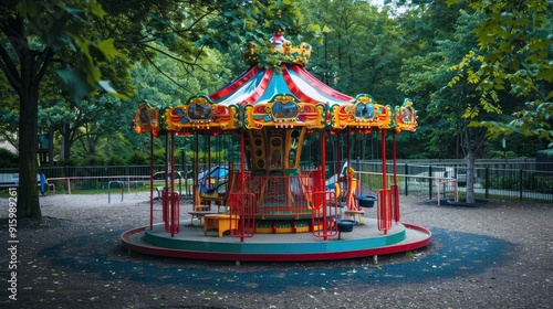 A playground with a brightly colored merry-go-round.