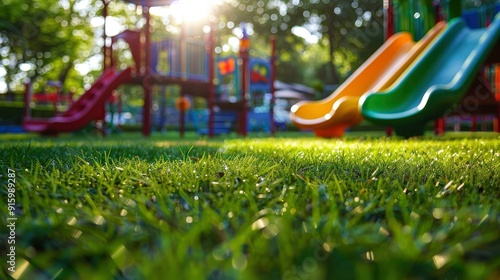 A playground with a brightly colored slide and green grass.