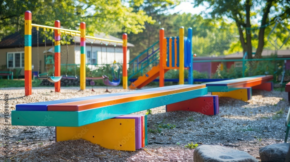 A playground with a brightly colored balance beam. A playground with a brightly colored balance beam.