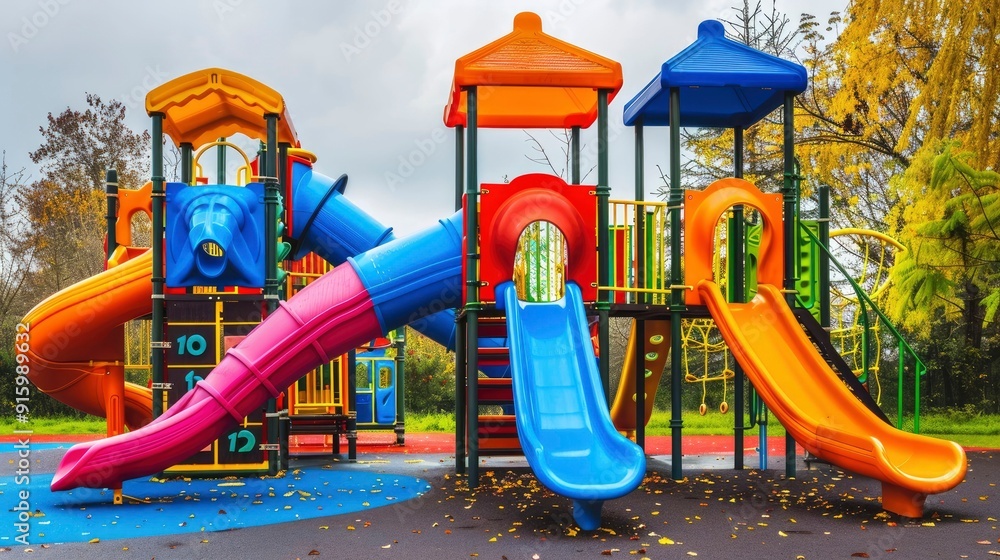 A playground with a brightly colored jungle gym. A playground with a brightly colored jungle gym.
