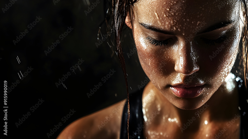 Brunette fitness woman sweating or perspiring after a hard training session. Black background. Image with copy space for ad or banner. Generative Ai. Brunette fitness woman sweating or perspiring after a hard training session. Black background. Image with copy space for ad or banner. Generative Ai.