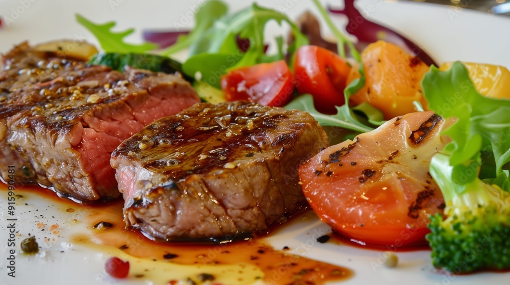 a gourmet dish featuring a perfectly cooked steak with artistically arranged vegetables and sauce, looking like a fine art piece a gourmet dish featuring a perfectly cooked steak with artistically arranged vegetables and sauce, looking like a fine art piece