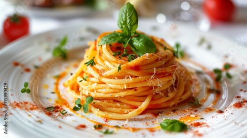 a plate of pasta with an elegant sauce swirl and garnished with herbs, resembling an artistic culinary masterpiece