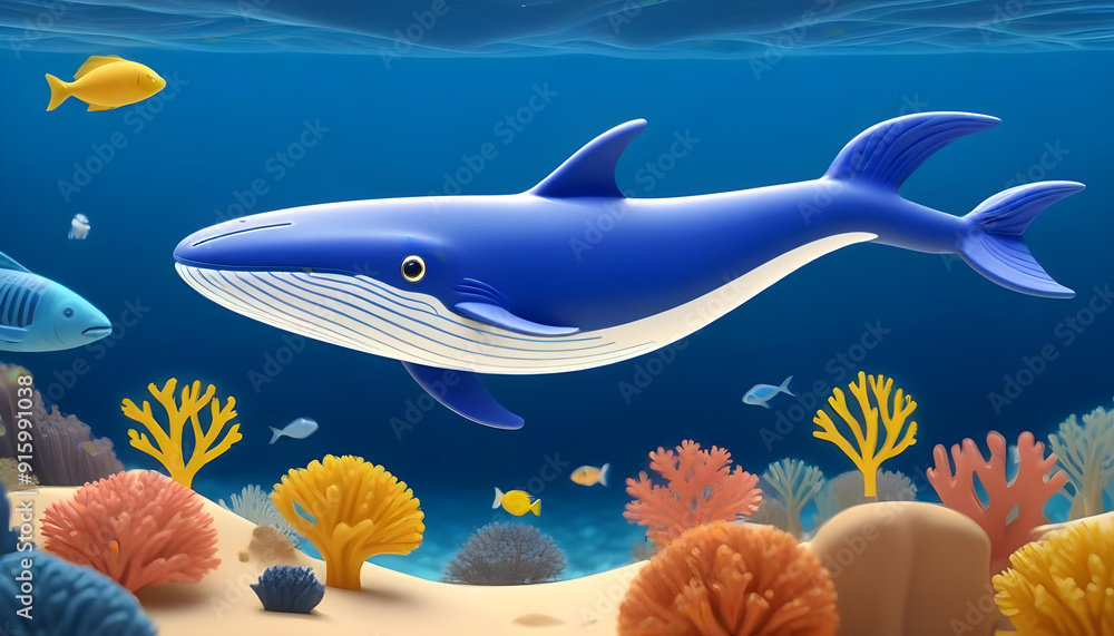 cartoon blue whale swimming in an underwater scene with colorful coral ...