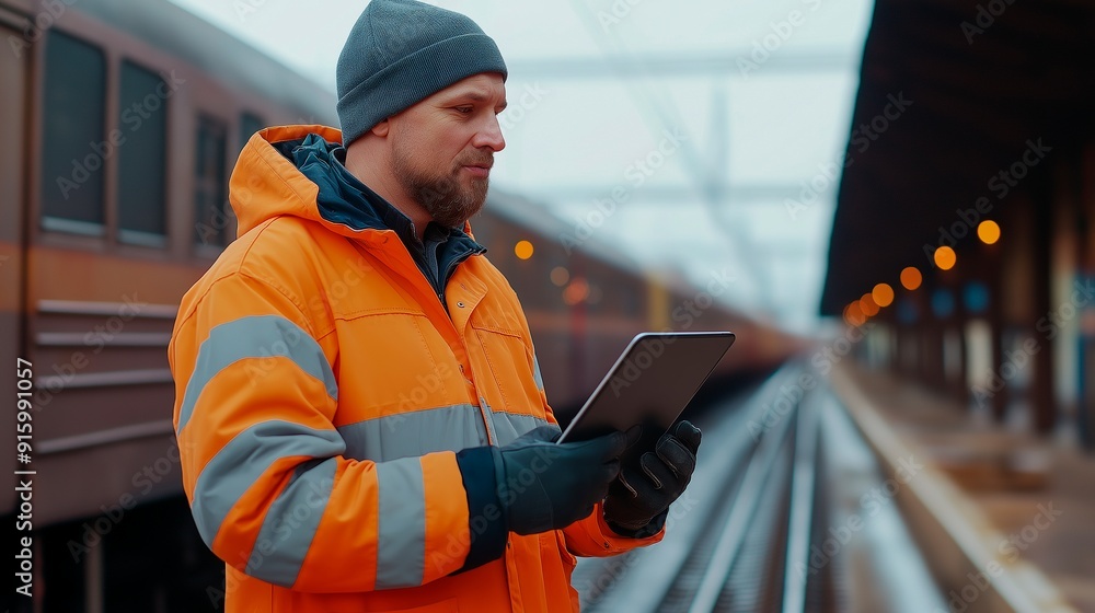 a man in a red jacket works at a train station a man in a red jacket works at a train station