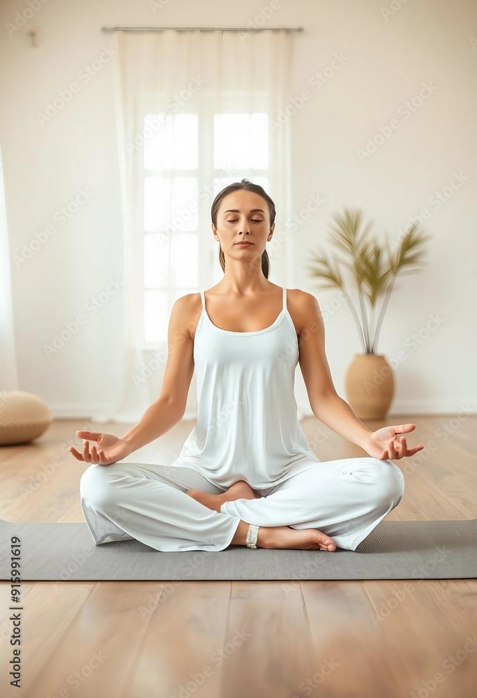 A fit woman meditates in a lotus position on a yoga mat, dressed in flowing white attire, exuding serenity in a bright, airy yoga studio with wooden flooring and a soft pastel color sch A fit woman meditates in a lotus position on a yoga mat, dressed in flowing white attire, exuding serenity in a bright, airy yoga studio with wooden flooring and a soft pastel color sch