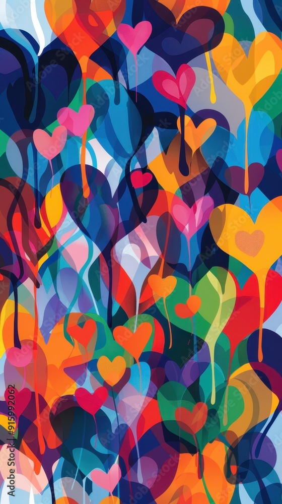A vibrant abstract design filled with colorful heart shapes in varying sizes and shades A vibrant abstract design filled with colorful heart shapes in varying sizes and shades