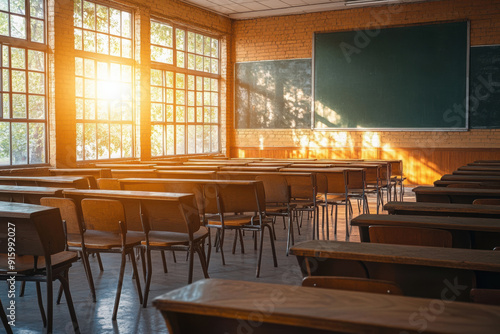 Empty classroom with vintage tone wooden chairs. Back to school concept.
