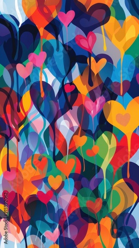 A vibrant abstract design filled with colorful heart shapes in varying sizes and shades