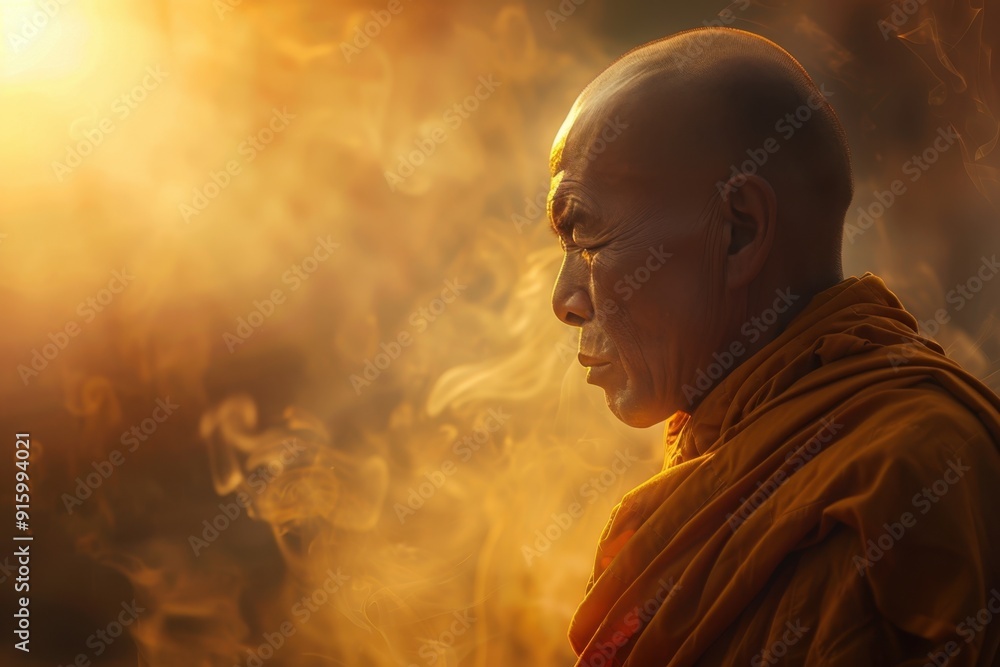 A peaceful monk in contemplation amidst golden light and rising incense A peaceful monk in contemplation amidst golden light and rising incense