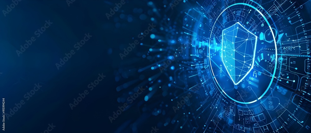 Obraz premium Digital technology and security concept. Abstract background with blue digital icon of shield symbolizing internet safety, protection from cyber attack or artificial intelligence in virtual space. 