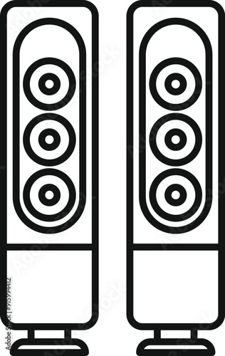 Line drawing of two tall audio speakers standing on floor, delivering high quality sound