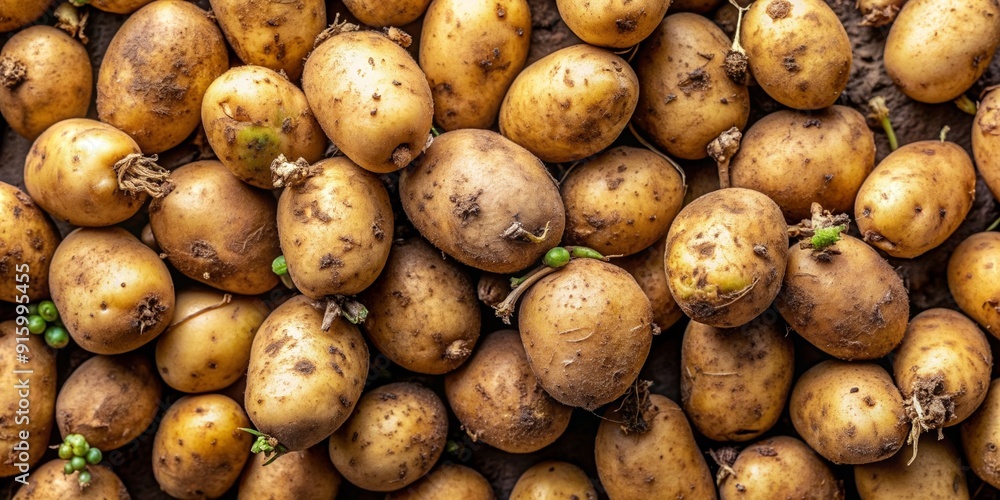 Overhead view of a pile of sprouting potato tubers, potato, tubers, sprouts, agriculture, farm, crop, food, organic, growth Overhead view of a pile of sprouting potato tubers, potato, tubers, sprouts, agriculture, farm, crop, food, organic, growth