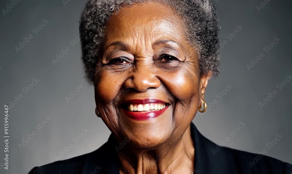 Portrait of smiling senior african american woman on grey background Portrait of smiling senior african american woman on grey background