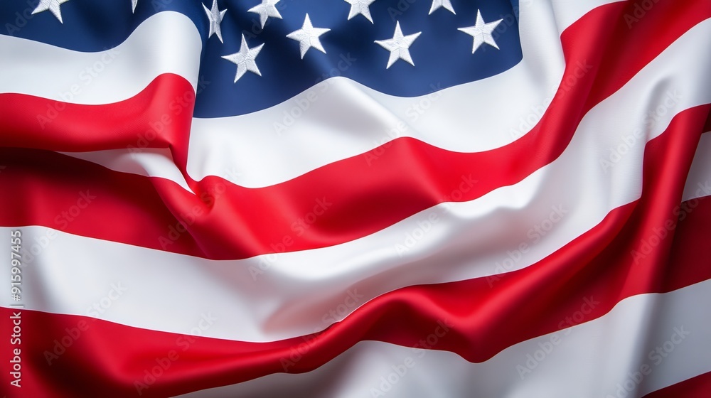 Fototapeta premium Flag of the USA flowing gracefully, crisp details in stripes and stars, vibrant colors with dynamic shadows, soft breeze effect, subtle motion blur