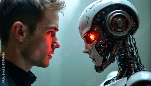 man face to face to humanoid ai robot , human vs artificial intelligence photo