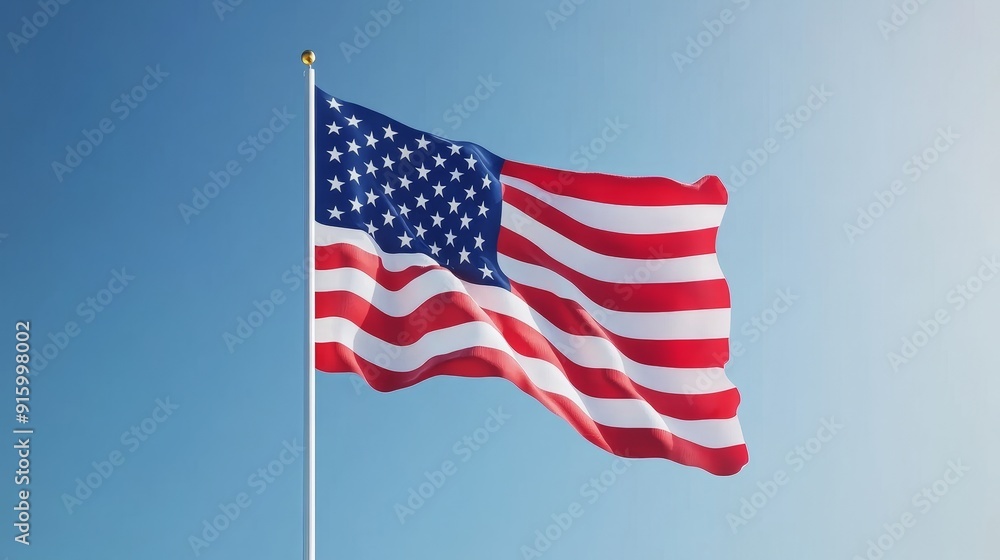 Majestic American flag flying high, vivid stripes and stars contrasting with the bright blue sky, capturing the spirit of patriotism and liberty Majestic American flag flying high, vivid stripes and stars contrasting with the bright blue sky, capturing the spirit of patriotism and liberty