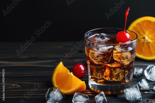 Manhattan Cocktail with Cherry and Orange Garnish