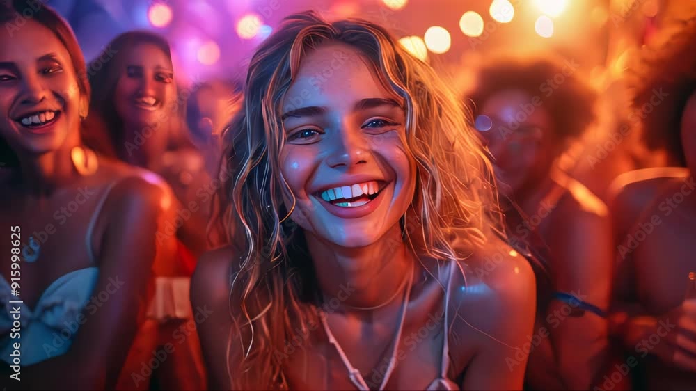 Young smiling happy woman rejoicing at party concert on blurred confetti background Young smiling happy woman rejoicing at party concert on blurred confetti background