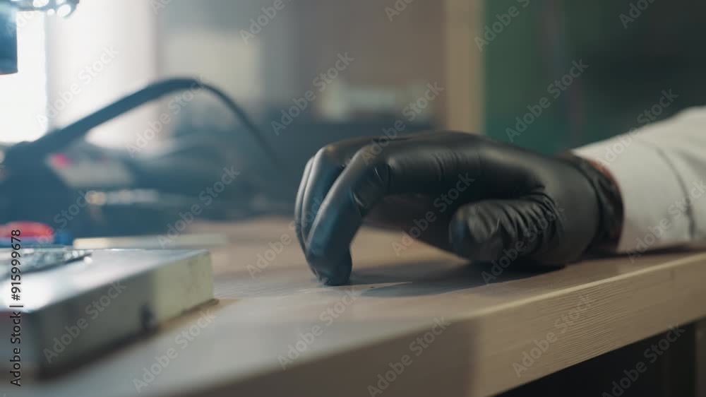 A close-up view of a scientist's gloved hand resting on a laboratory desk, with lab equipment visible in the background A close-up view of a scientist's gloved hand resting on a laboratory desk, with lab equipment visible in the background