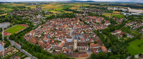 A panoramic  Aerial  view of the old town of the city Iphofen on a late summer afternoon in Germany.	
 photo