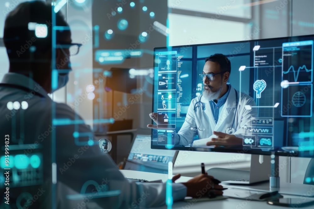 Patient in a virtual doctor's appointment, discussing health with a physician on a futuristic computer screen Patient in a virtual doctor's appointment, discussing health with a physician on a futuristic computer screen