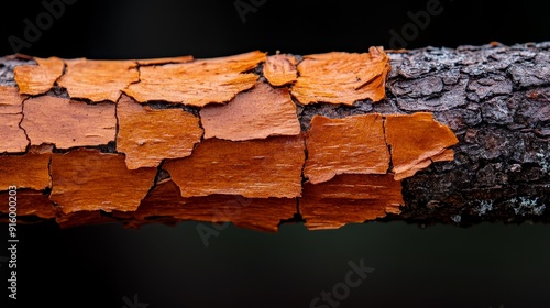 An aged branch with peeling bark, revealing vibrant wood underneath, showcasing the raw beauty and textural contrasts of nature photo