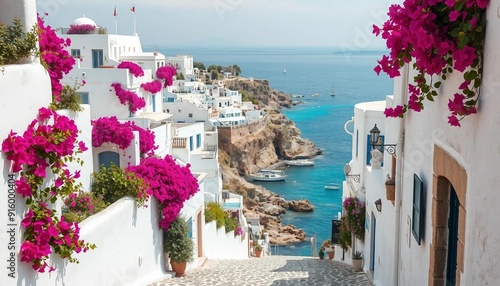 Fototapeta Naklejka Na Ścianę i Meble -  A charming coastal village features whitewashed houses adorned with vibrant bougainvillea, winding cobblestone streets, and stunning views of the turquoise sea filled with gently bobbing fishing boats