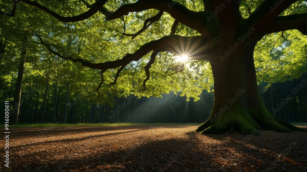 Ancient oak tree with sprawling branches, moss-covered trunk, dappled sunlight filtering through lush leaves, forest floor carpeted with fallen leaves Ancient oak tree with sprawling branches, moss-covered trunk, dappled sunlight filtering through lush leaves, forest floor carpeted with fallen leaves