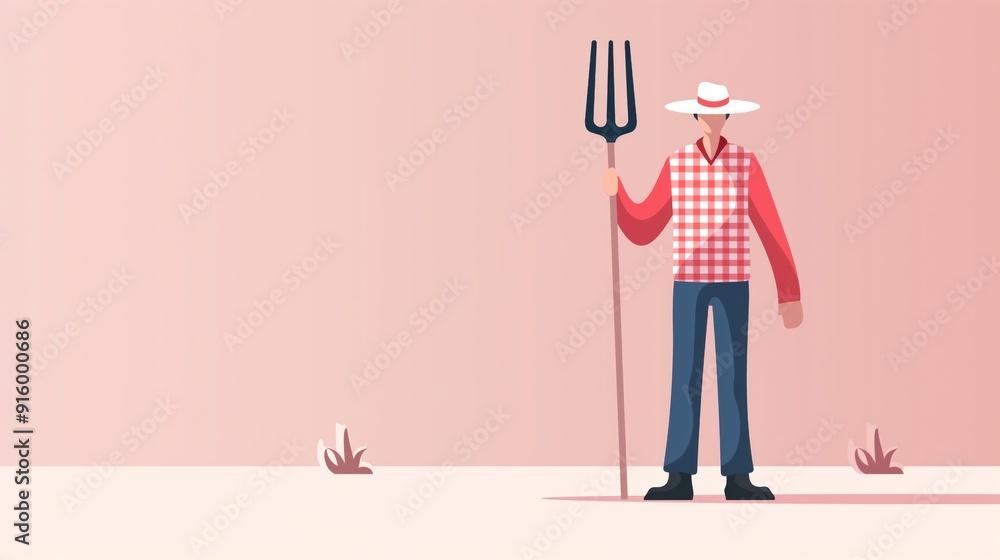 2D illustration of a farmer holding a pitchfork with basic shapes on a ...