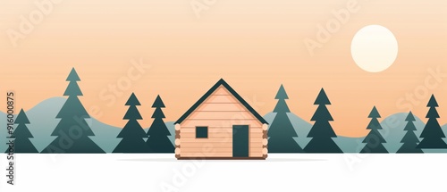 2D illustration of a wooden cabin in a forest with basic shapes on a neutral colored background in a simplicity of drawing in a minimalist vector style