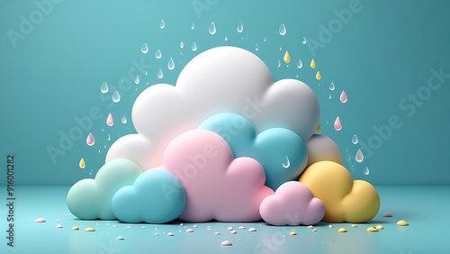 smiling blue clouds raining on pink background; perfect for weatherrelated graphics, childrens illustrations, and cute background designs. photo