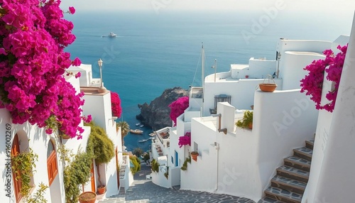 Fototapeta Naklejka Na Ścianę i Meble -  A charming coastal village features whitewashed houses adorned with vibrant bougainvillea, winding cobblestone streets, and stunning views of the turquoise sea filled with gently bobbing fishing boats