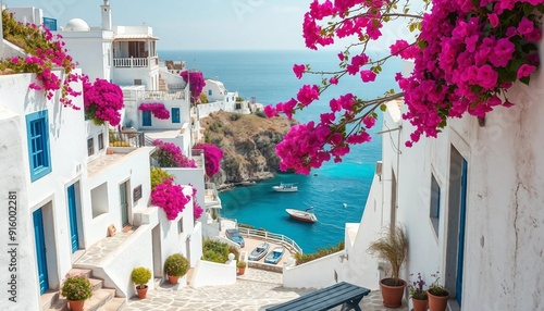 Fototapeta Naklejka Na Ścianę i Meble -  A charming coastal village features whitewashed houses adorned with vibrant bougainvillea, winding cobblestone streets, and stunning views of the turquoise sea filled with gently bobbing fishing boats