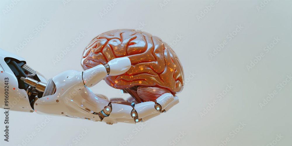 custom made wallpaper toronto digitalA robotic hand gently holds a detailed brain, symbolizing the intersection of technology and intelligence.