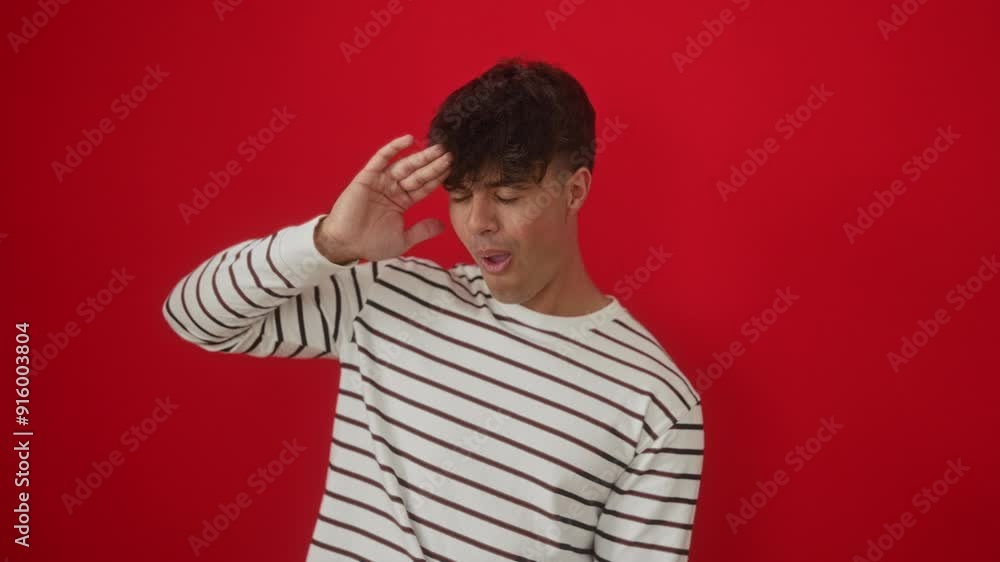 Young hispanic man wearing stripes t-shirt, standing and looking far away with a happy smile, hand overhead searching on an isolated red background Young hispanic man wearing stripes t-shirt, standing and looking far away with a happy smile, hand overhead searching on an isolated red background