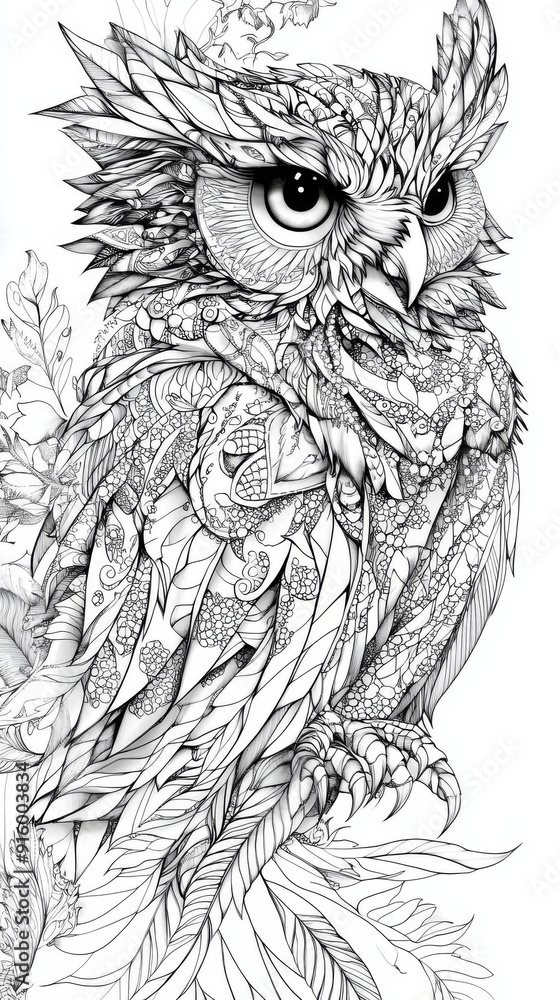 Fototapeta premium Intricate Black and White Owl Illustration with Exquisite Feather Patterns, Ideal for Adult Coloring Books and Line Art Enthusiasts