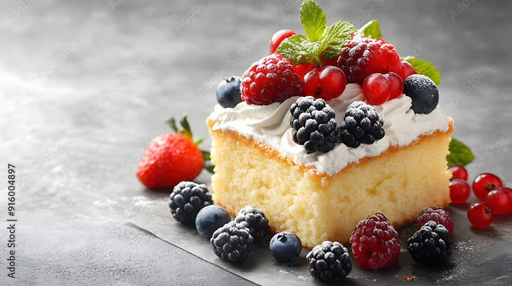 2. An exquisite vanilla pound cake, paired with an assortment of fresh berries and a dollop of whipped cream, is showcased on a gray concrete surface. The selective focus enhances 2. An exquisite vanilla pound cake, paired with an assortment of fresh berries and a dollop of whipped cream, is showcased on a gray concrete surface. The selective focus enhances