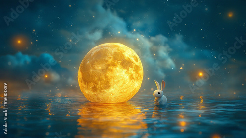 Golden Inflatable Moon with Cute Cartoon Rabbit on Water