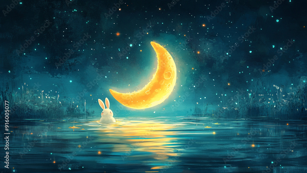 Realistic Floating Moon and Adorable Moon Rabbit Realistic Floating Moon and Adorable Moon Rabbit