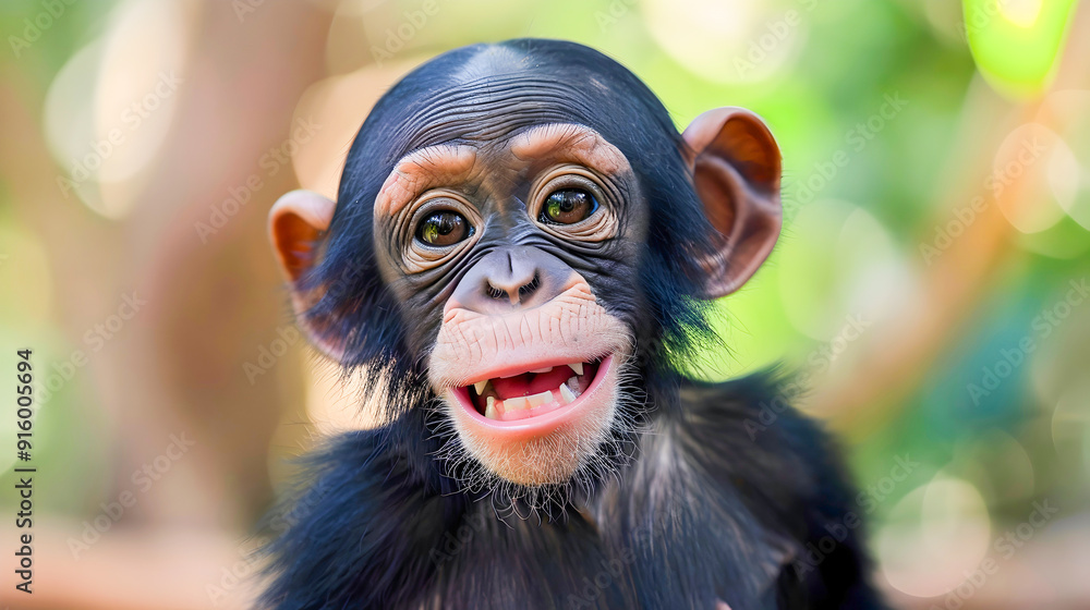 Adorable close up portrait of a baby chimpanzee with a wide joyful smile in its natural tropical forest environment  The cute young primate displays a friendly