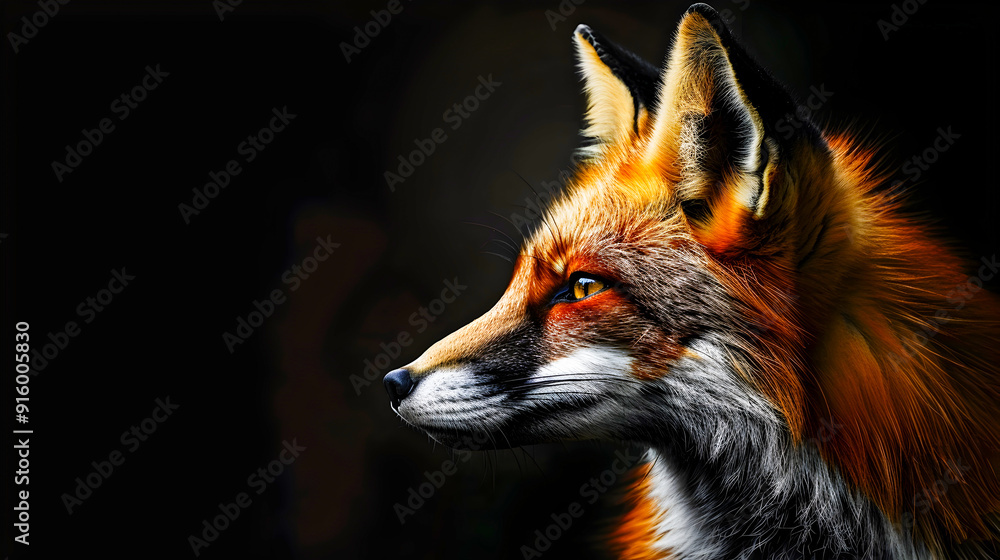 Obraz premium Closeup portrait of a vigilant red fox with piercing gaze and attentive expression in a dark natural environment showcasing the animal s keen senses intelligence