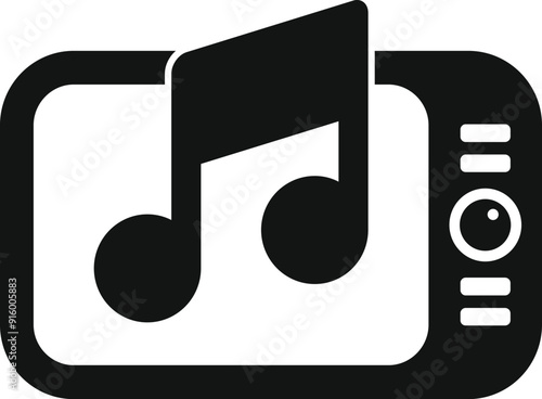 Black glyph icon representing a smartphone playing a song, symbolizing a music streaming service or a multimedia app