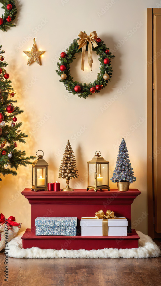 Obraz premium christmas decorated product display podium with christmas ornaments and lights, cozy christmas homem, christmas scenery with lights, cozy christmas podium with presentation space, ad, podium platform
