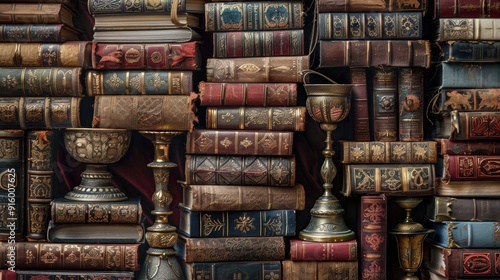 Old leather-bound books and ornate vessels are beautifully displayed in a quaint library nook