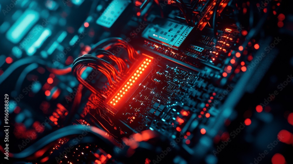 © keks20034 - Cybersecurity on the Internet, a network of luminous servers and wires in a dark room.