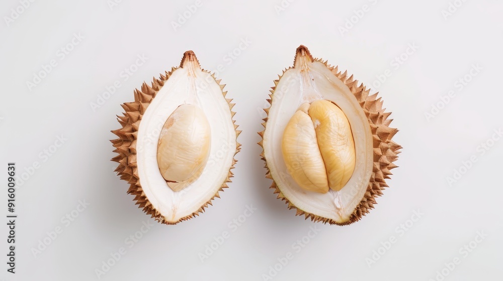 Close-up of durian halves with seeds exposed, highlighting the intricate structure of the fruit. Isolated on white for a minimalist look Close-up of durian halves with seeds exposed, highlighting the intricate structure of the fruit. Isolated on white for a minimalist look