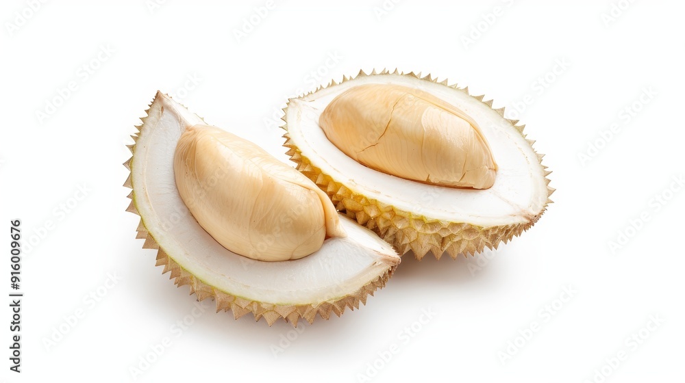 Close-up of durian halves with seeds exposed, highlighting the intricate structure of the fruit. Isolated on white for a minimalist look Close-up of durian halves with seeds exposed, highlighting the intricate structure of the fruit. Isolated on white for a minimalist look